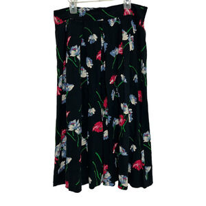 Vintage Skirt Midi A-line Pleated Floral Black Flared Maxi Dainty Large Fritz CA